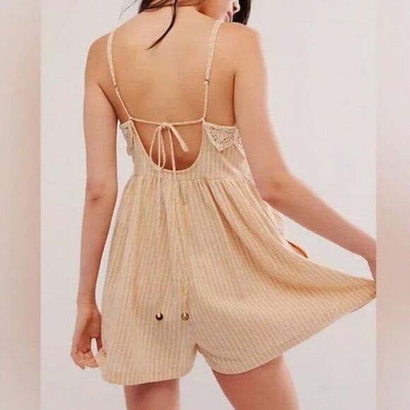 Free People Collina Striped Crochet Lace Trim Romper in Neutral Combo - Picture 3 of 9
